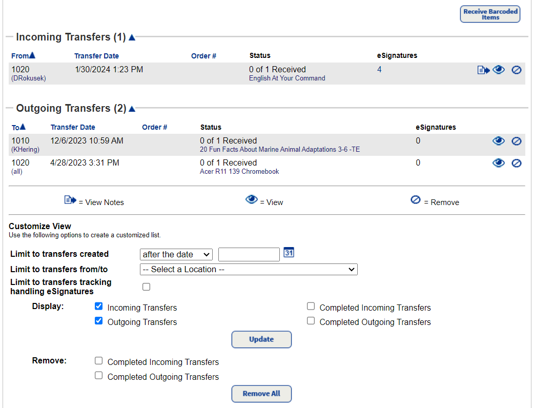 Track Resources page showing Incoming and Outgoing transfers.